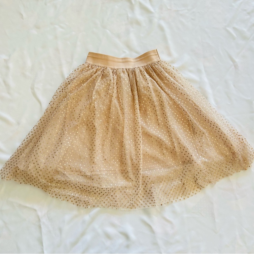NWT Champagne and Gold Polka Dot Sheer Hem Flare Skirt 3 Layers Princess Cut